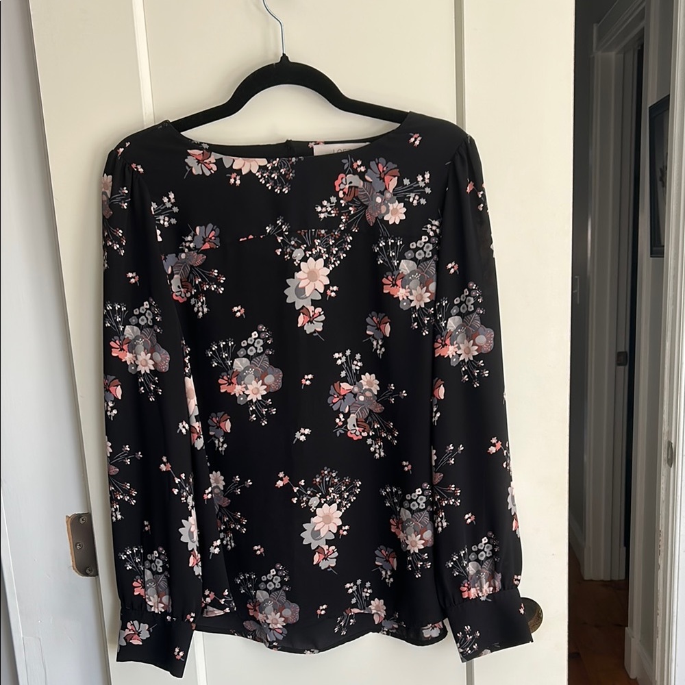 LOFT Black and Pink Floral Blouse with Long Sleeves